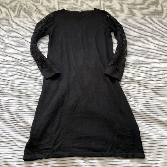 Jaeger London black knit wool blend dress size medium lace sleeves - Picture 1 of 8